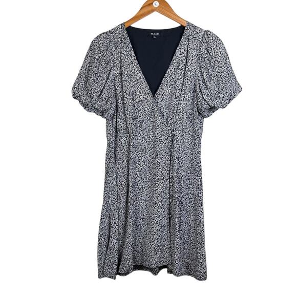 Madewell 6 Challis Button Wrap Mini Black Puff Short Sleeve Floral A-Line Dress - Picture 10 of 13